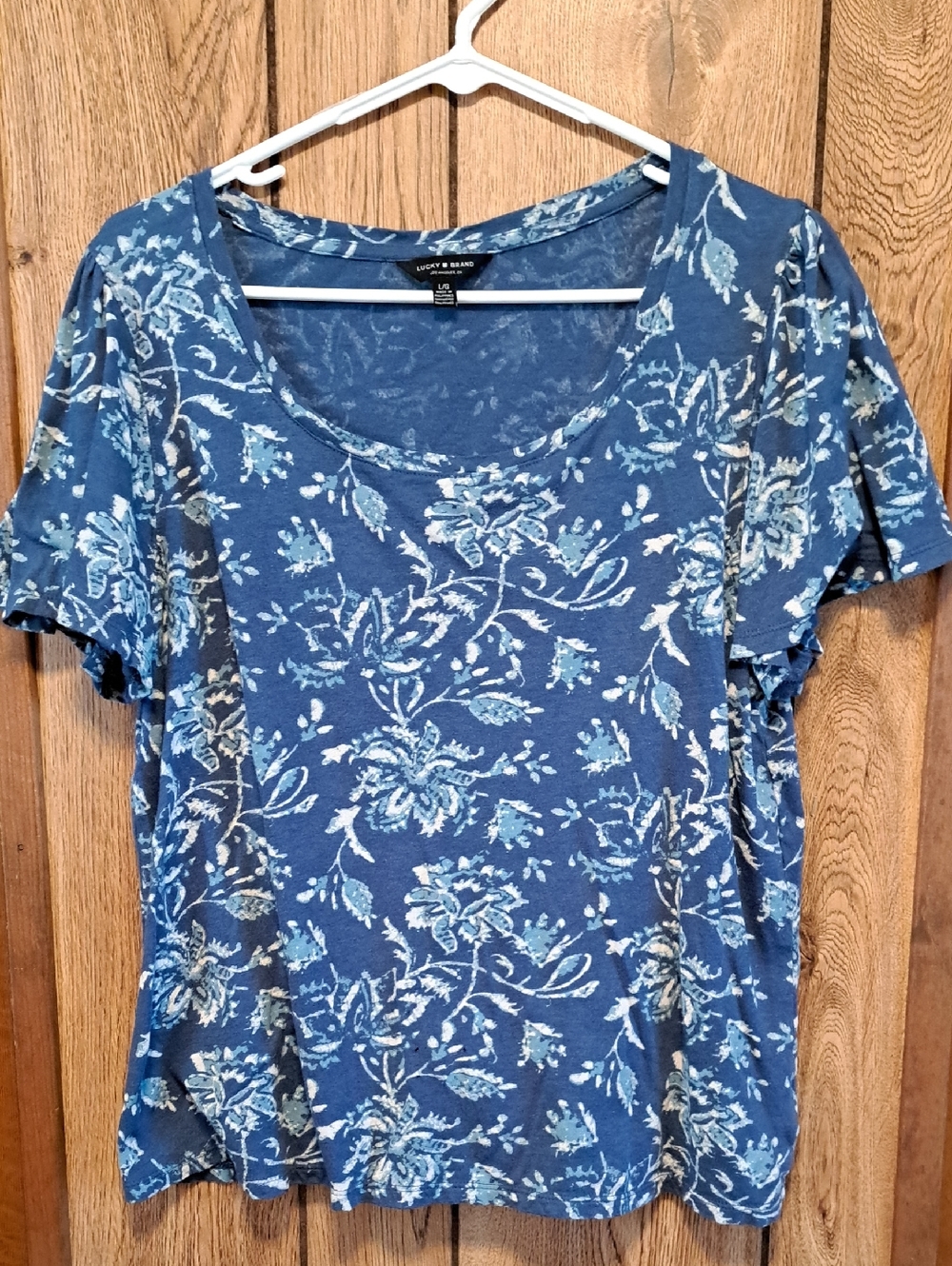 Lucky Brand Blue Floral Scoop Neck Short Sleeve Top Size L